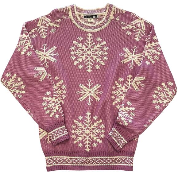 Vintage Obermeyer Sweater Womens Large Crewneck Snowflake Apres Ski Purple Wool - Picture 1 of 16